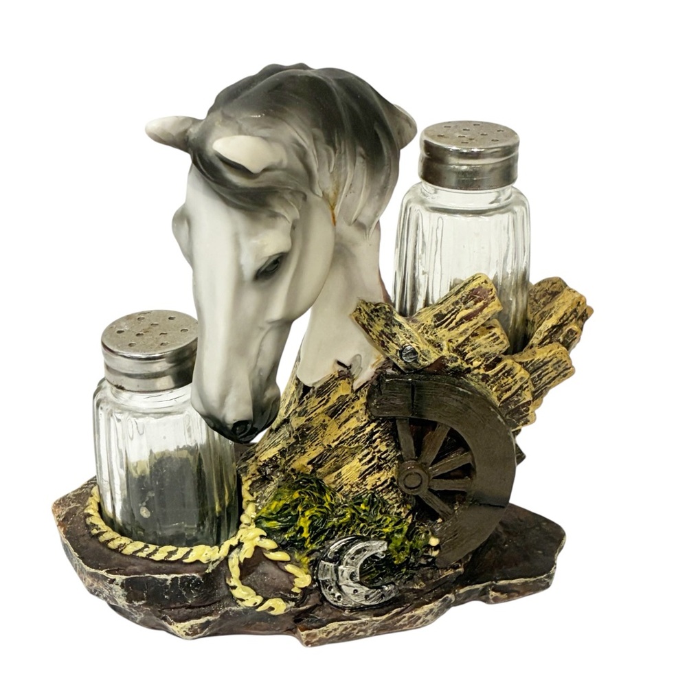 DWK 2015‎ Animal Gray Black Horse Resin Holder w Salt And Pepper Shaker Set